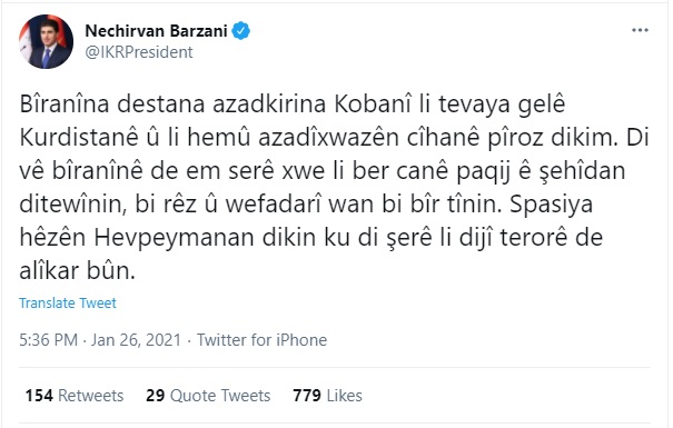 تویته‌كه‌ی نێچیرڤان بارزانی، سه‌رۆكی هه‌رێمی كوردستان به‌بۆنه‌ی یادی رزگاركردنی كۆبانێ